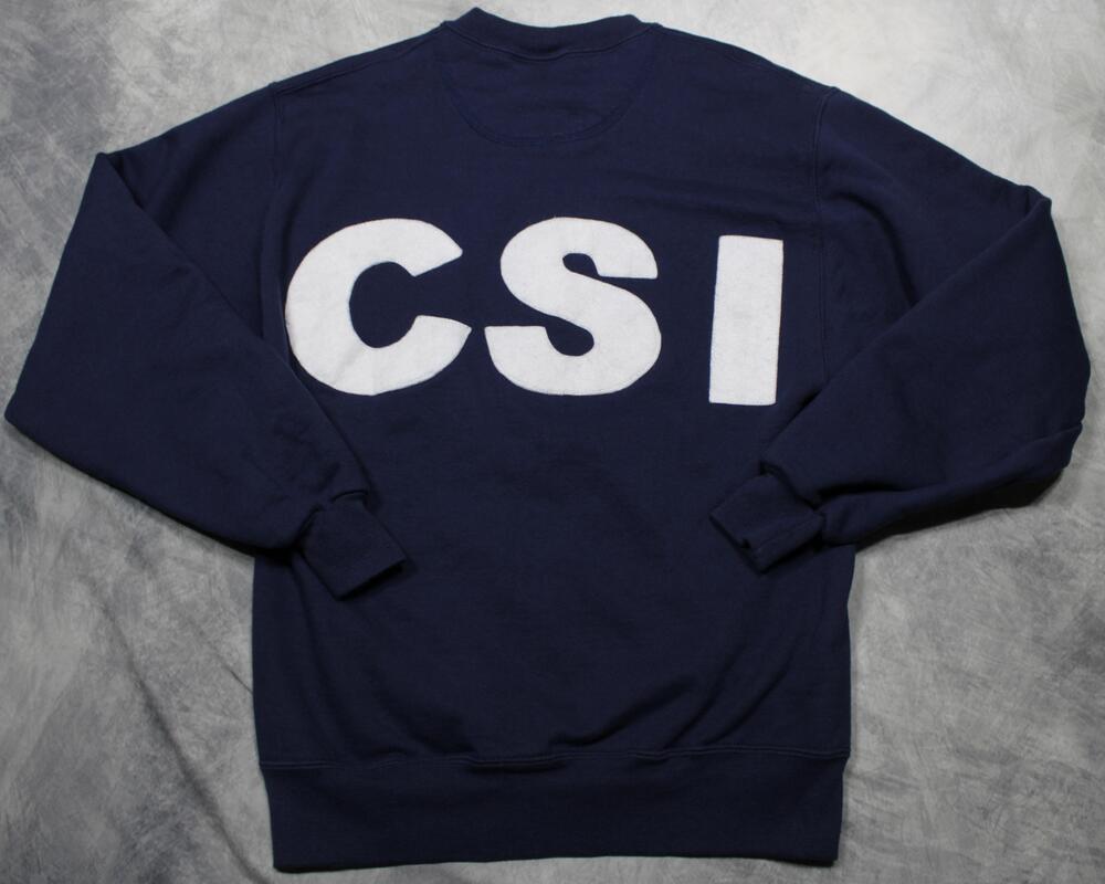 Vintage Jerzees Sweatshirt Mens Small Blue CSI Fleece Crewneck Back Graphic USA